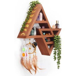 Moon Phase Triangle Shelf with Hooks - Rustic Moon Shelf for Crystals- Brown